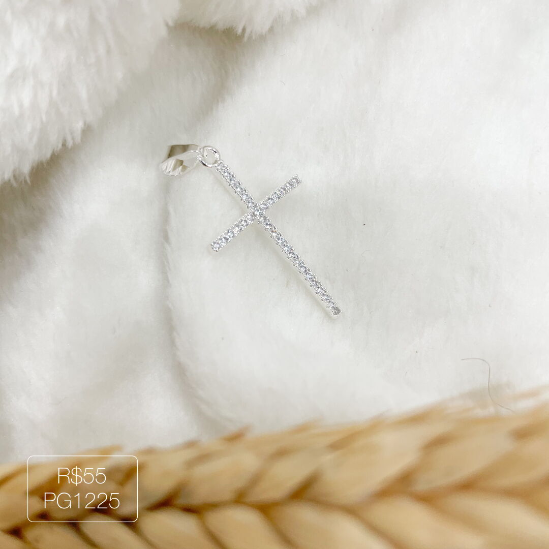 Pingente Crucifixo P Cravejado Cristal Liso Prateado